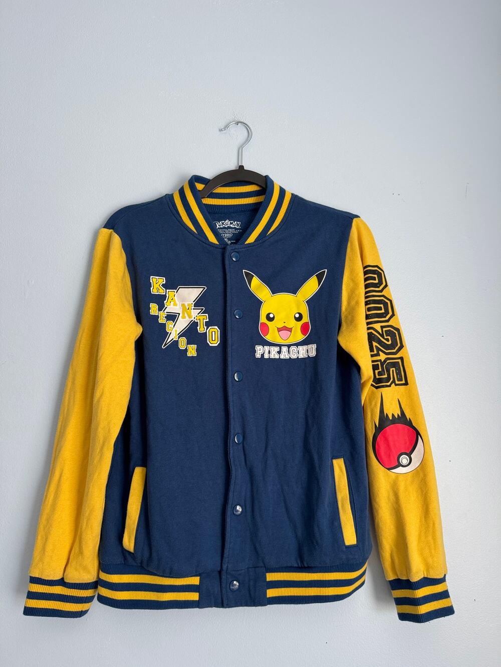 Official Apparel Pokemon Pikachu Kanto Youth Boys XL Varsity Jacket Hybrid Blue